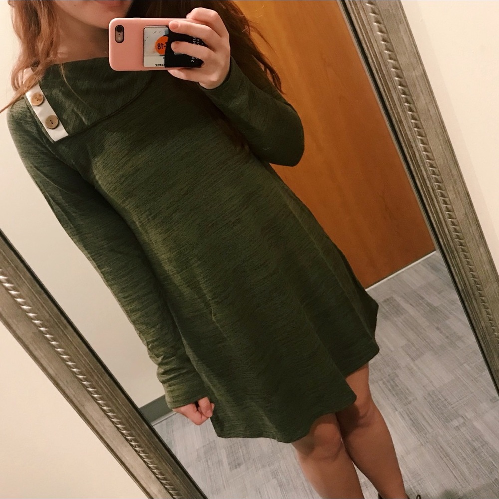Army Green Long Sleeve Button Dress